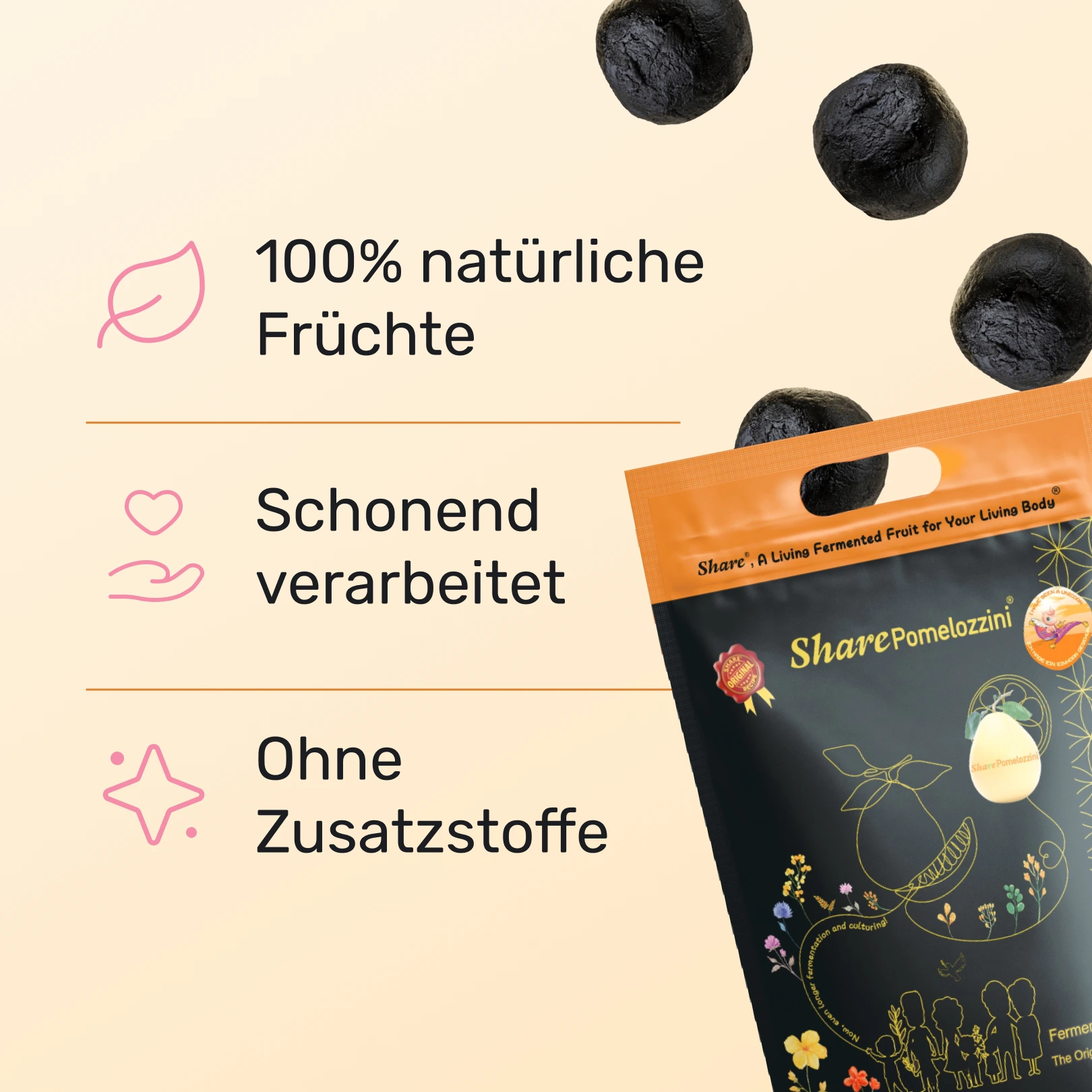 SharePomelozzini® Pralinen B – 100 % natürliche Früchte, schonend verarbeitet, ohne Zusatzstoffe