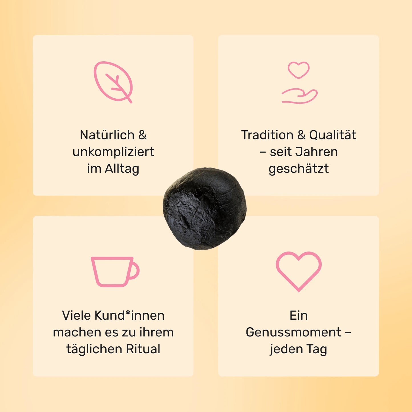 Übersicht der Vorteile von SharePomelozzini® Pralinen: natürlich, traditionell, tägliches Ritual und Genussmoment